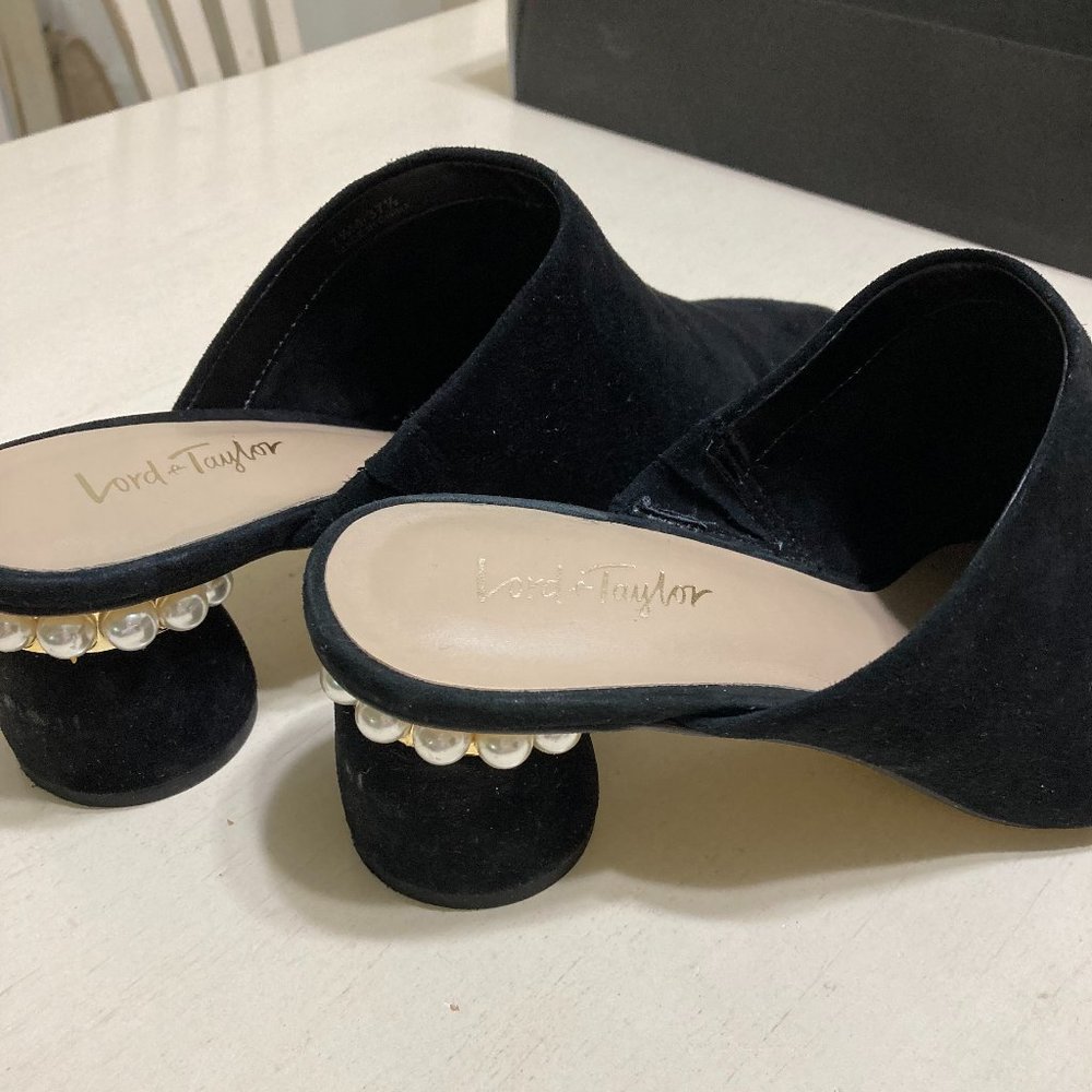 Black Suede Mules with Pearl Trim